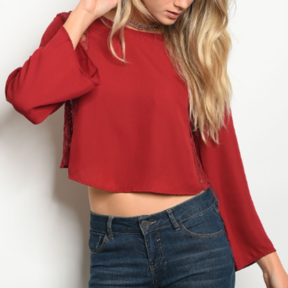 NWT Medusa Open Back Lace Bell Sleeve Crop Top - Picture 2 of 3